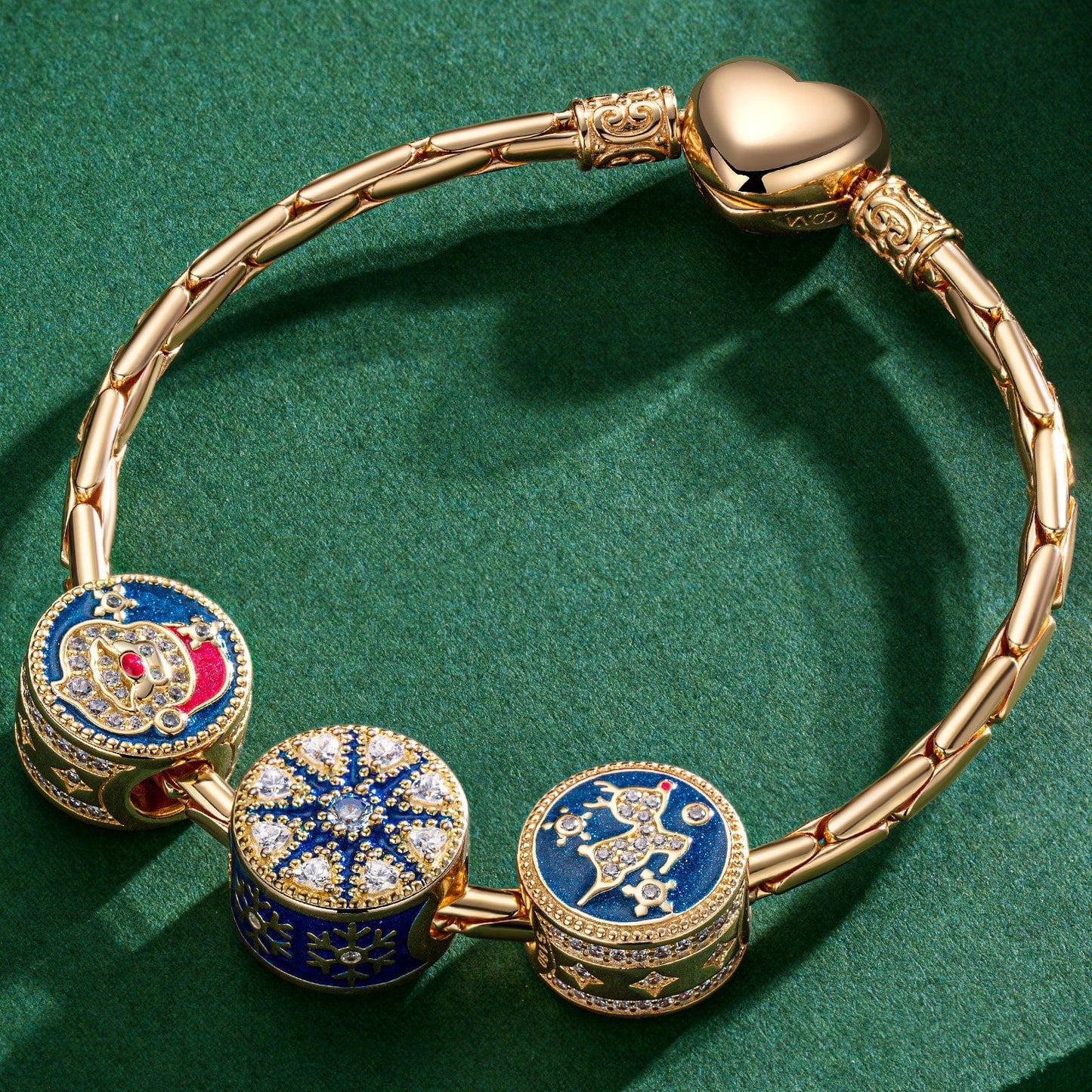 Sterling Silver Snowy Santa Charms Bracelet Set With Enamel In 14K Gold Plated (Includes bracelet and all charms shown)