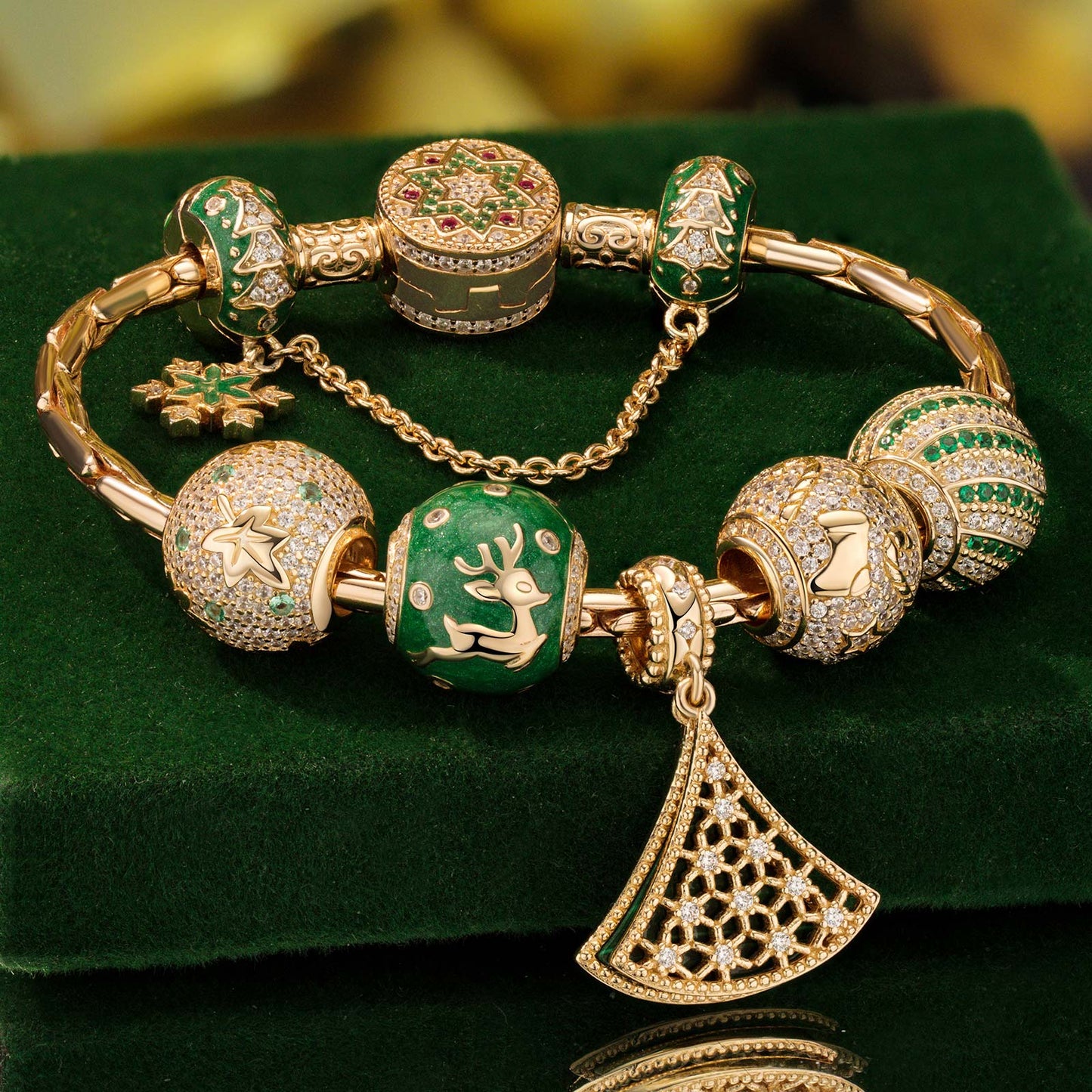 BLACK FRIDAY Limited Special - Sterling Silver Snowflakes and Reindeer Charms Bracelet Set With Enamel In 14K Gold Plated (Includes bracelet and all charms shown)