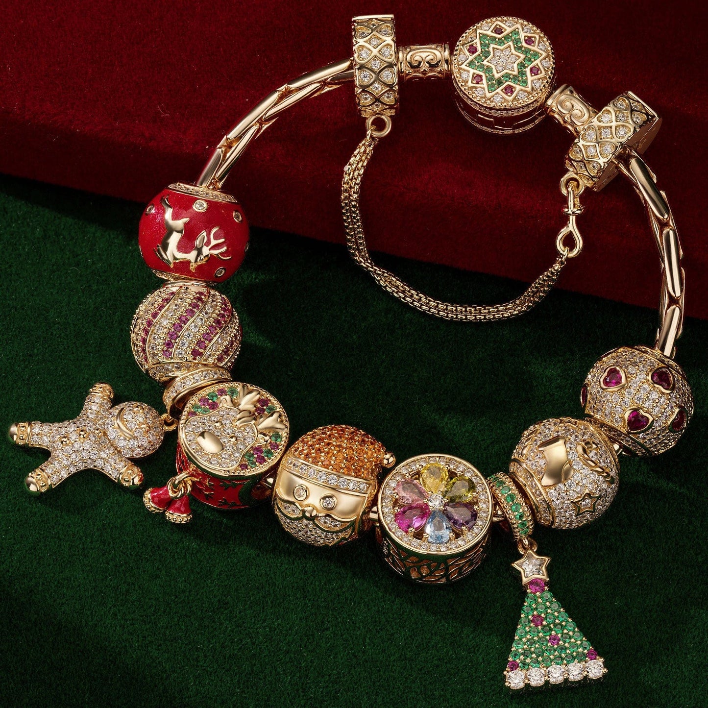 BLACK FRIDAY Limited Special - Sterling Silver Festive Feasts Charms Bracelet Set With Enamel In 14K Gold Plated (Includes bracelet and all charms shown)