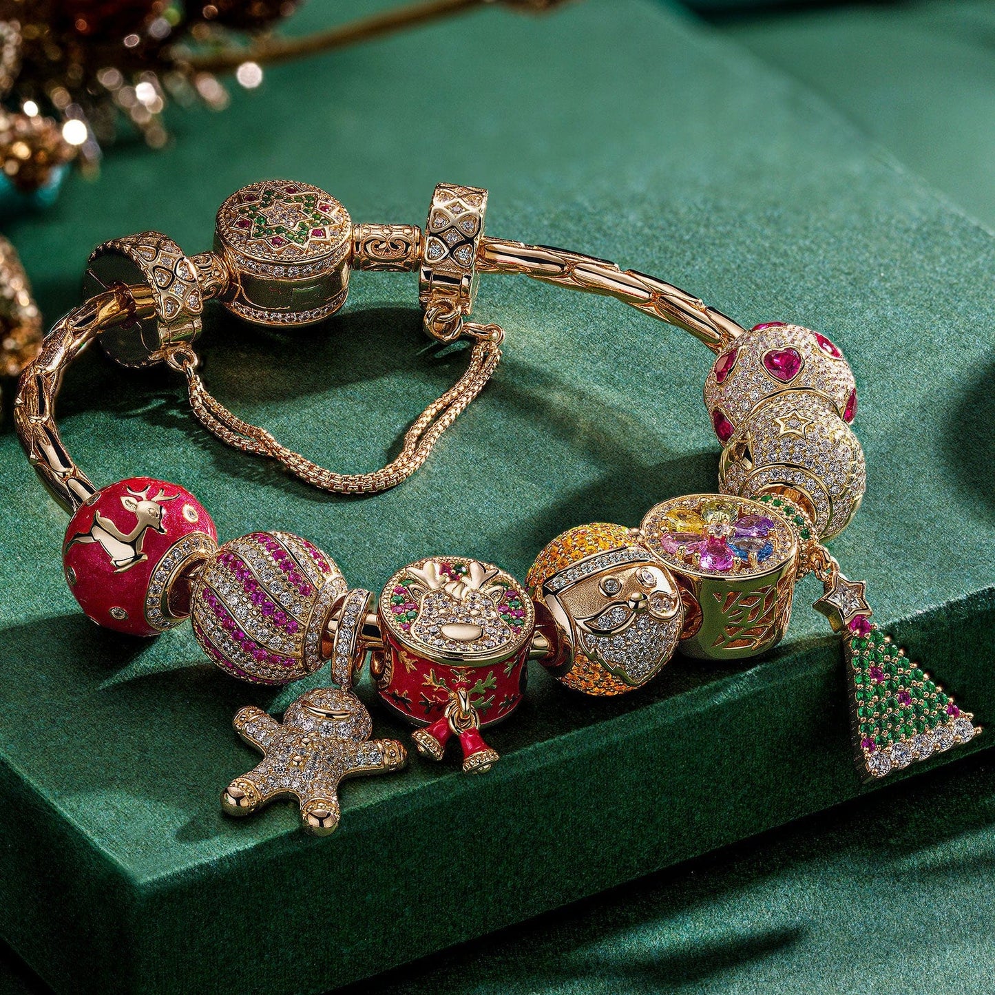 BLACK FRIDAY Limited Special - Sterling Silver Festive Feasts Charms Bracelet Set With Enamel In 14K Gold Plated (Includes bracelet and all charms shown)