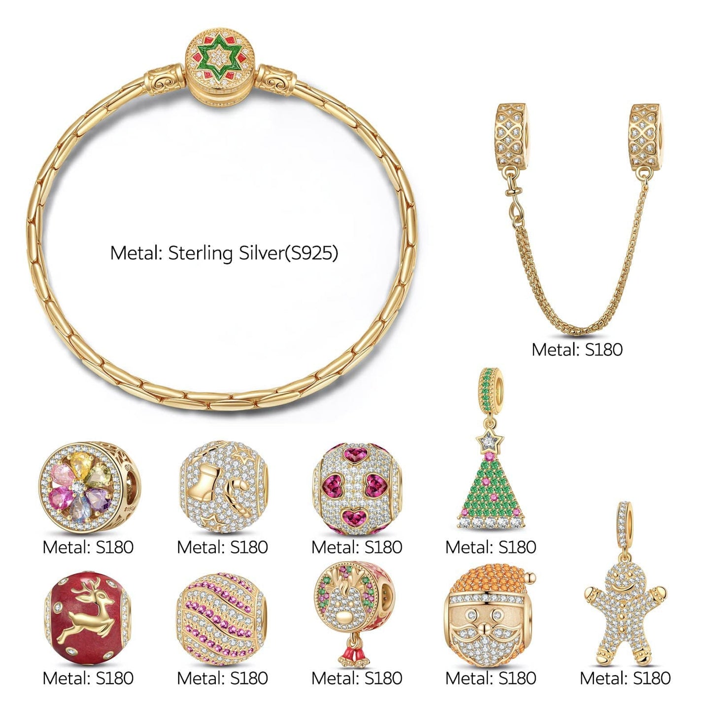 BLACK FRIDAY Limited Special - Sterling Silver Festive Feasts Charms Bracelet Set With Enamel In 14K Gold Plated (Includes bracelet and all charms shown)