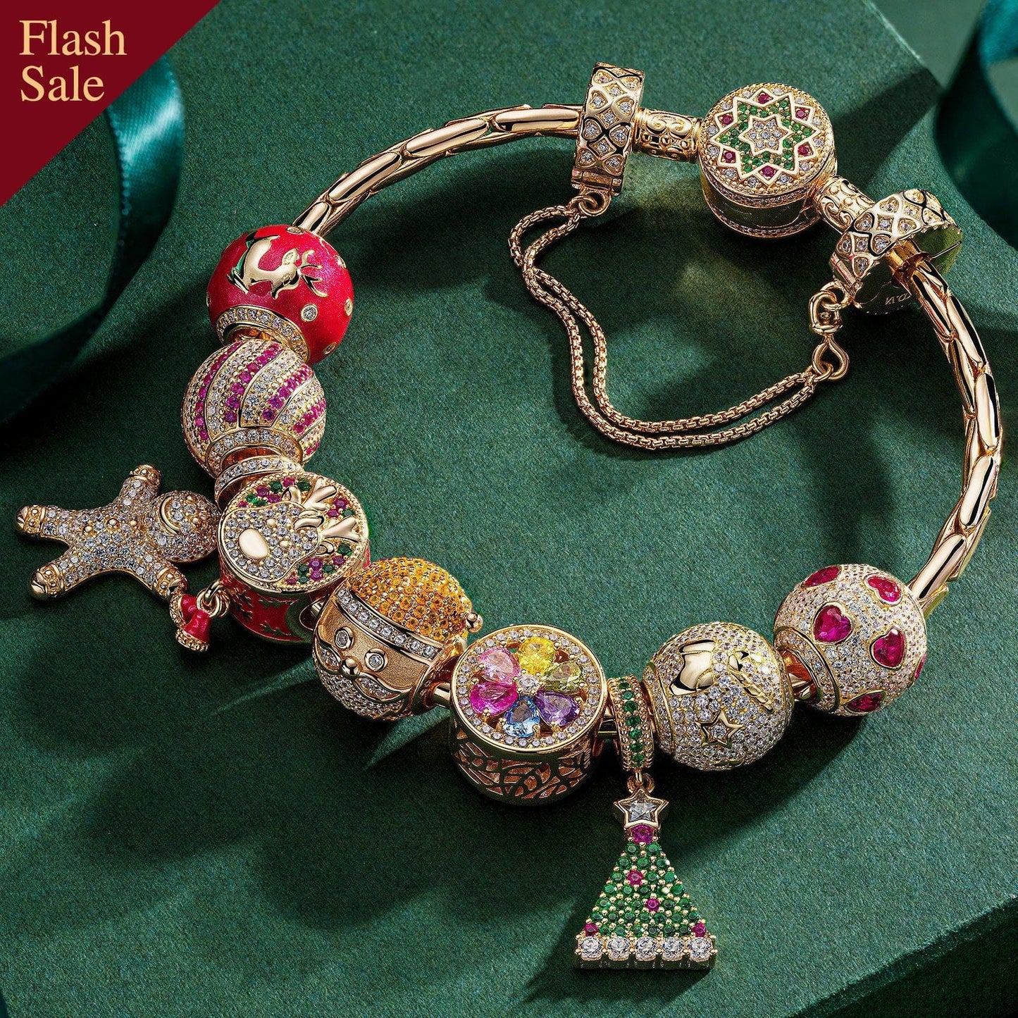 BLACK FRIDAY Limited Special - Sterling Silver Festive Feasts Charms Bracelet Set With Enamel In 14K Gold Plated (Includes bracelet and all charms shown)