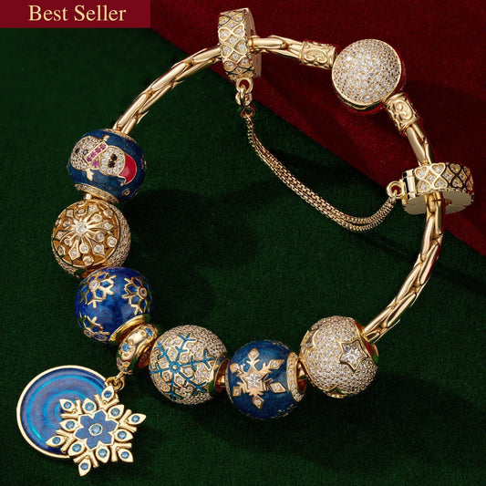 gona- Sterling Silver Snowflake Dreams Charms Bracelet Set With Enamel In 14K Gold Plated (Includes bracelet and all charms shown)