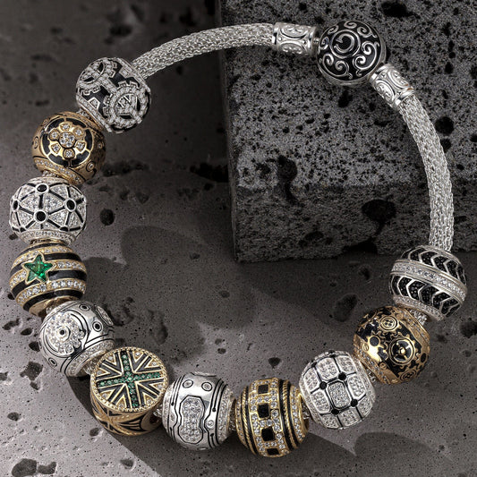 gona- Sterling Silver the Refined Cyber XL Size Charms Bracelet Set With Enamel In White Gold Plated For Men (Includes bracelet and all charms shown)