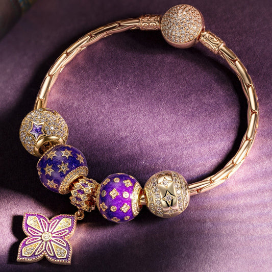 gona- Sterling Silver Stars and Clover Charms Bracelet Set With Enamel In 14K Gold Plated (Includes bracelet and all charms shown)