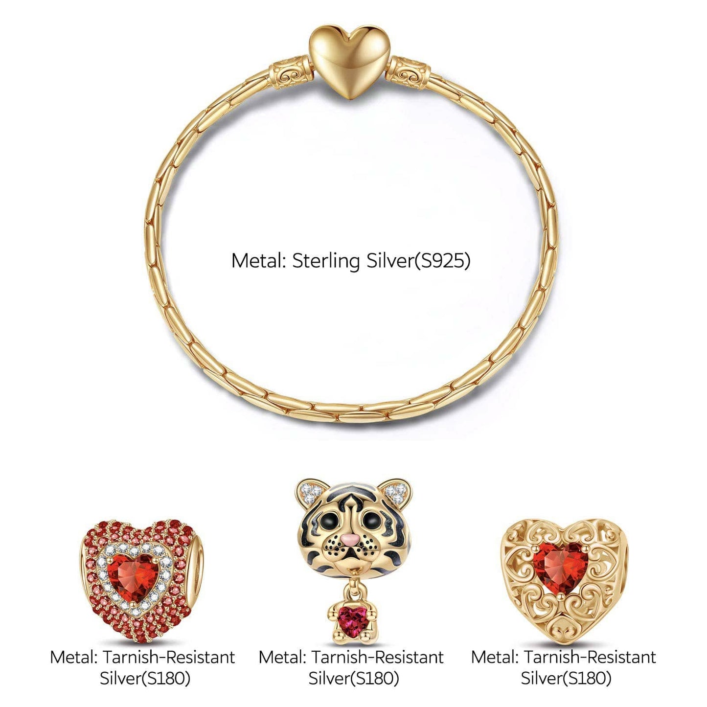 Sterling Silver January Birthstone Embrace the Love Animals Charms Bracelet Set With Enamel In 14K Gold Plated - Heartful Hugs Collection (Includes bracelet and all charms shown)