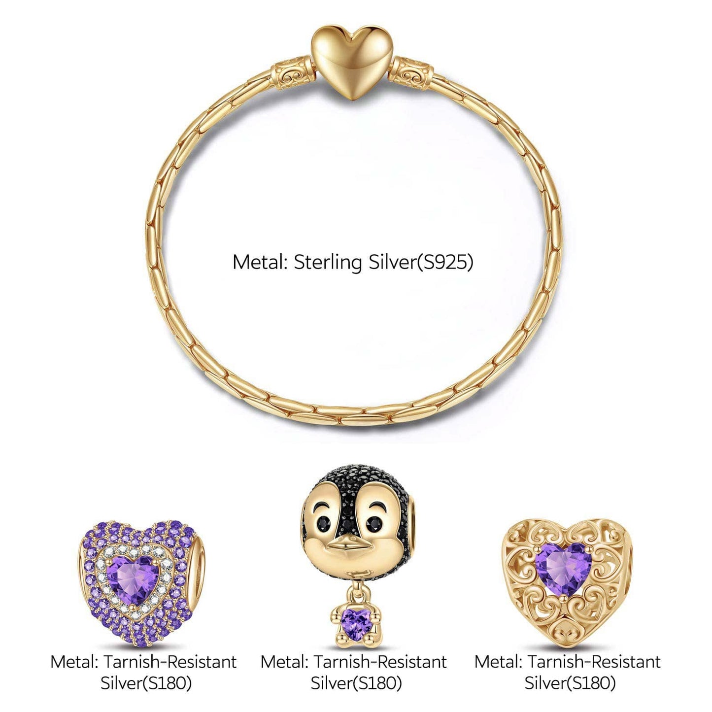 Sterling Silver February Birthstone Embrace the Love Animals Charms Bracelet Set In 14K Gold Plated - Heartful Hugs Collection (Includes bracelet and all charms shown)