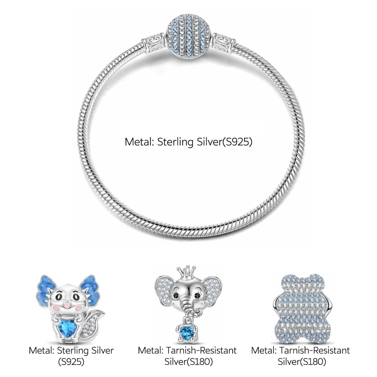 Sterling Silver March Birthstone Embrace the Love Animals Charms Bracelet Set With Enamel In White Gold Plated - Heartful Hugs Collection (Includes bracelet and all charms shown)