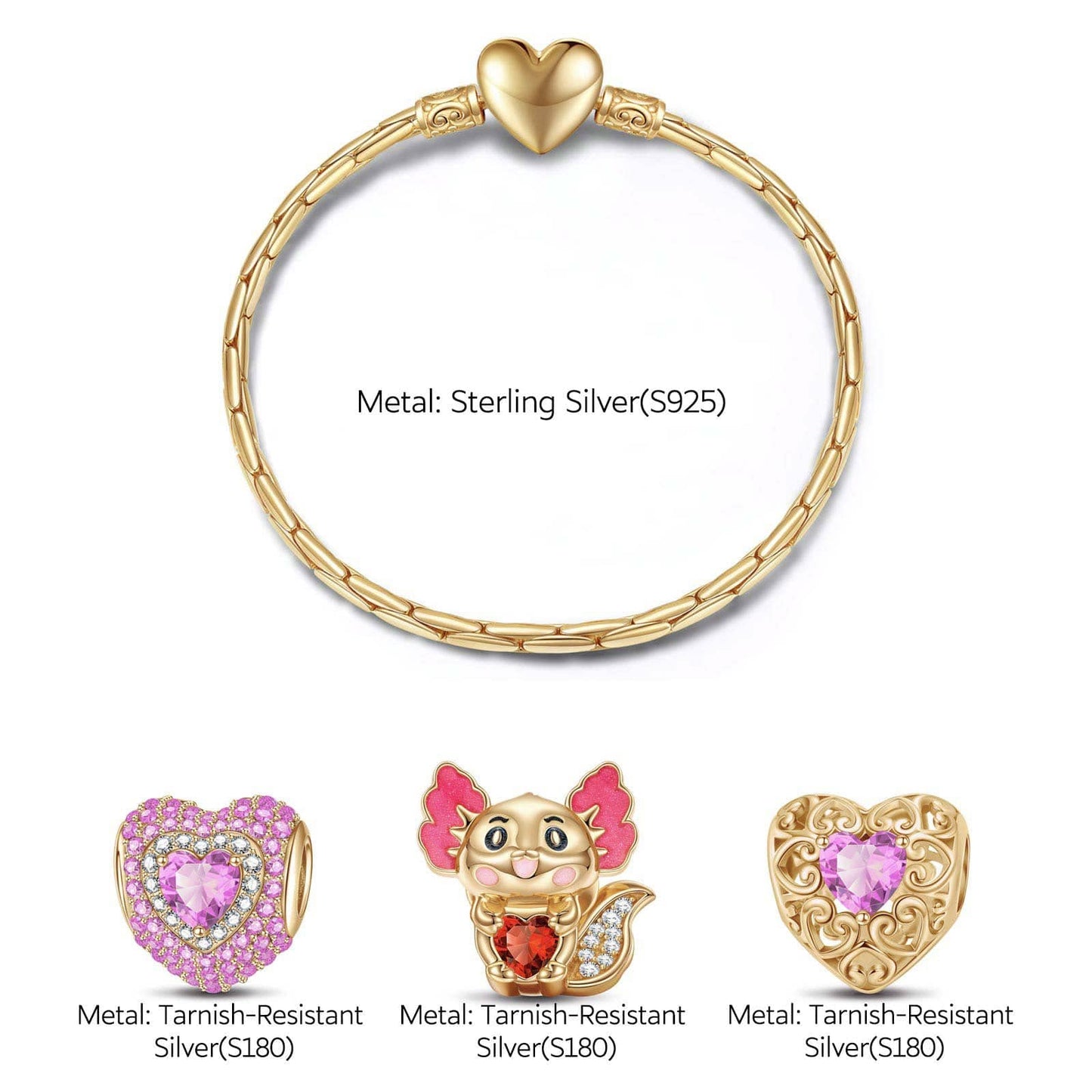 Sterling Silver July Birthstone Embrace the Love Animals Charms Bracelet Set With Enamel In 14K Gold Plated - Heartful Hugs Collection (Includes bracelet and all charms shown)