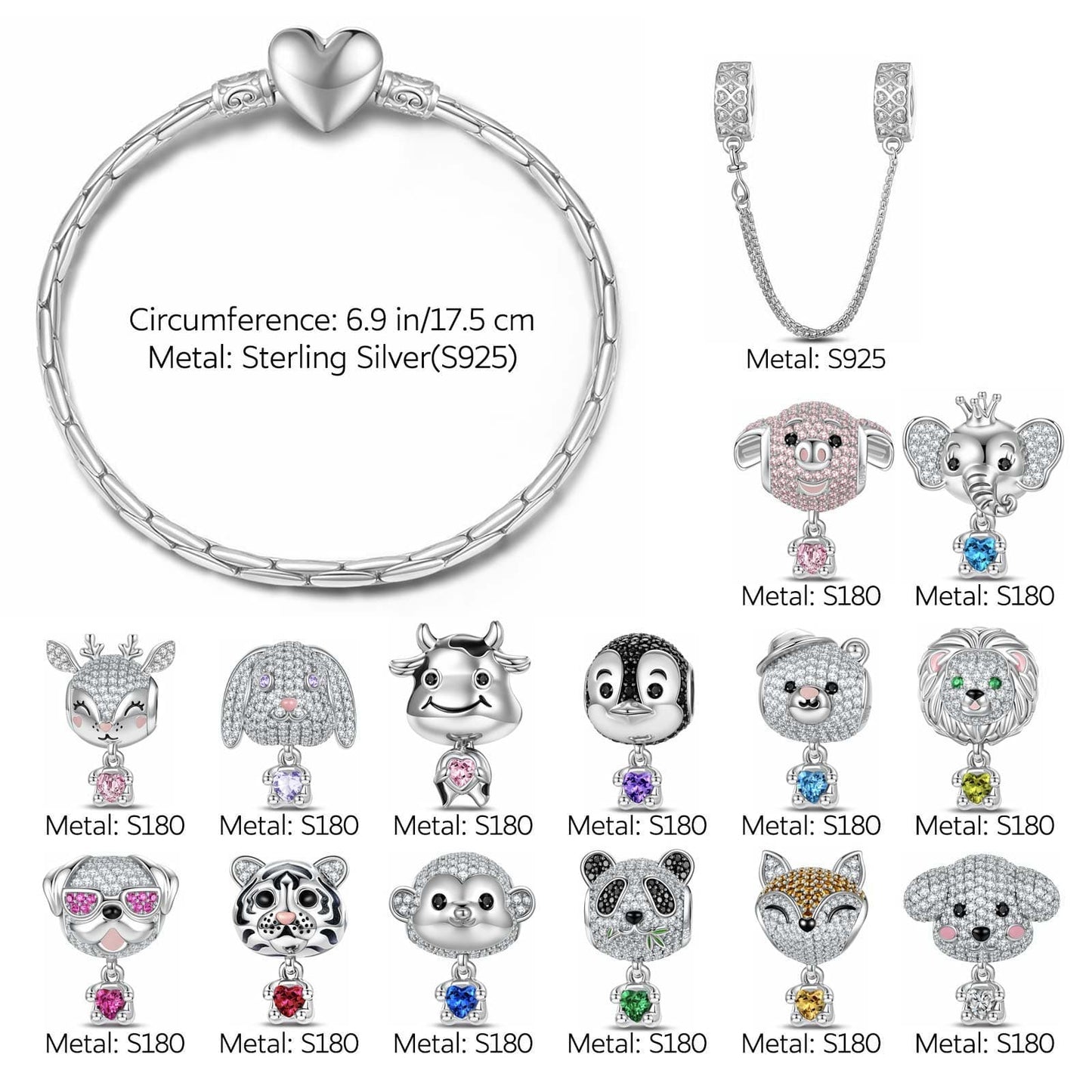 Sterling Silver Love You Baby Animals Charms Bracelet Set With Enamel In White Gold Plated - Heartful Hugs Collection