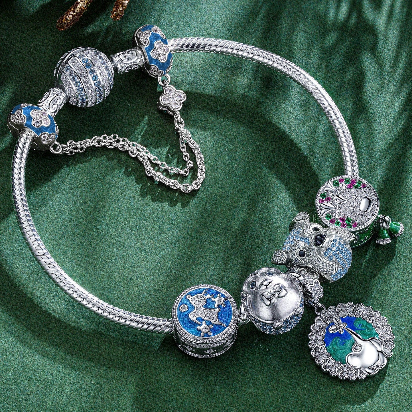 Sterling Silver Blessed and Guardian Animals Charms Bracelet Set With Enamel In White Gold Plated