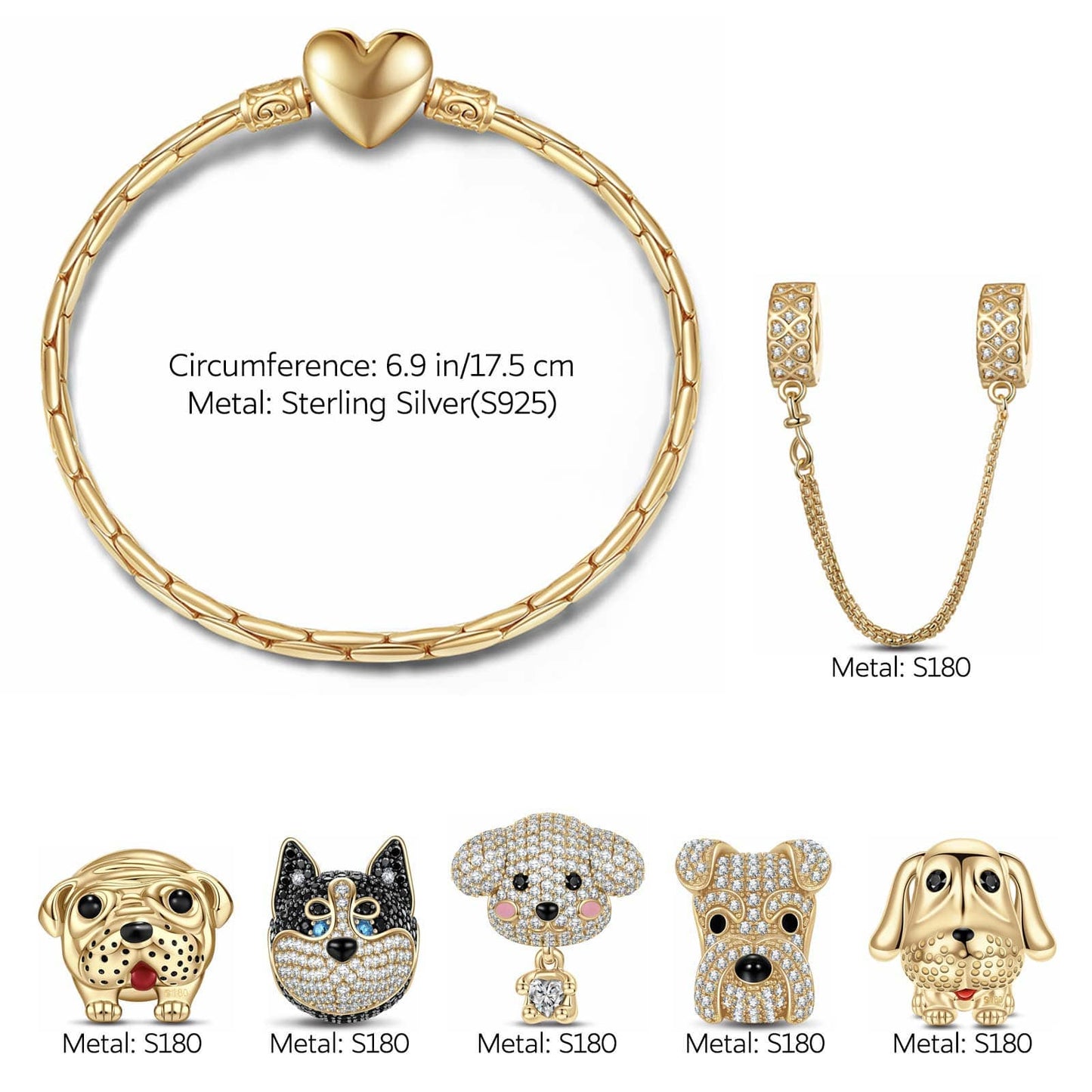 Sterling Silver Loveable Faithful Companions Animals Charms Bracelet Set With Enamel In 14K Gold Plated