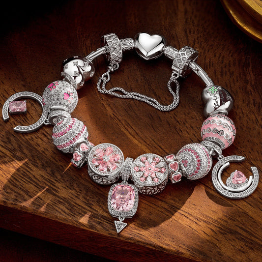 gona- Sterling Silver Riverside Romance Charms Bracelet Set With Enamel In White Gold Plated (Includes bracelet and all charms shown)
