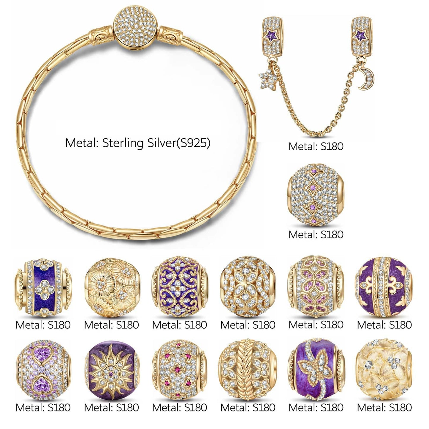 Sterling Silver Romantic Blossoming Sanctuary Charms Bracelet Set With Enamel In 14K Gold Plated (Includes bracelet and all charms shown)