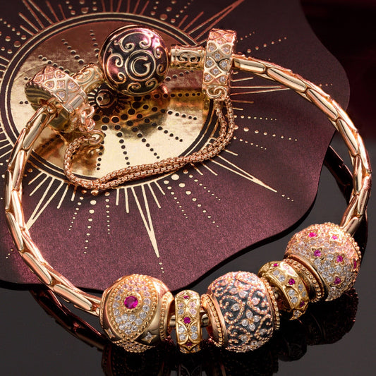 gona- Sterling Silver Starry Blossoms Charms Bracelet Set With Enamel In 14K Gold Plated (Includes bracelet and all charms shown)