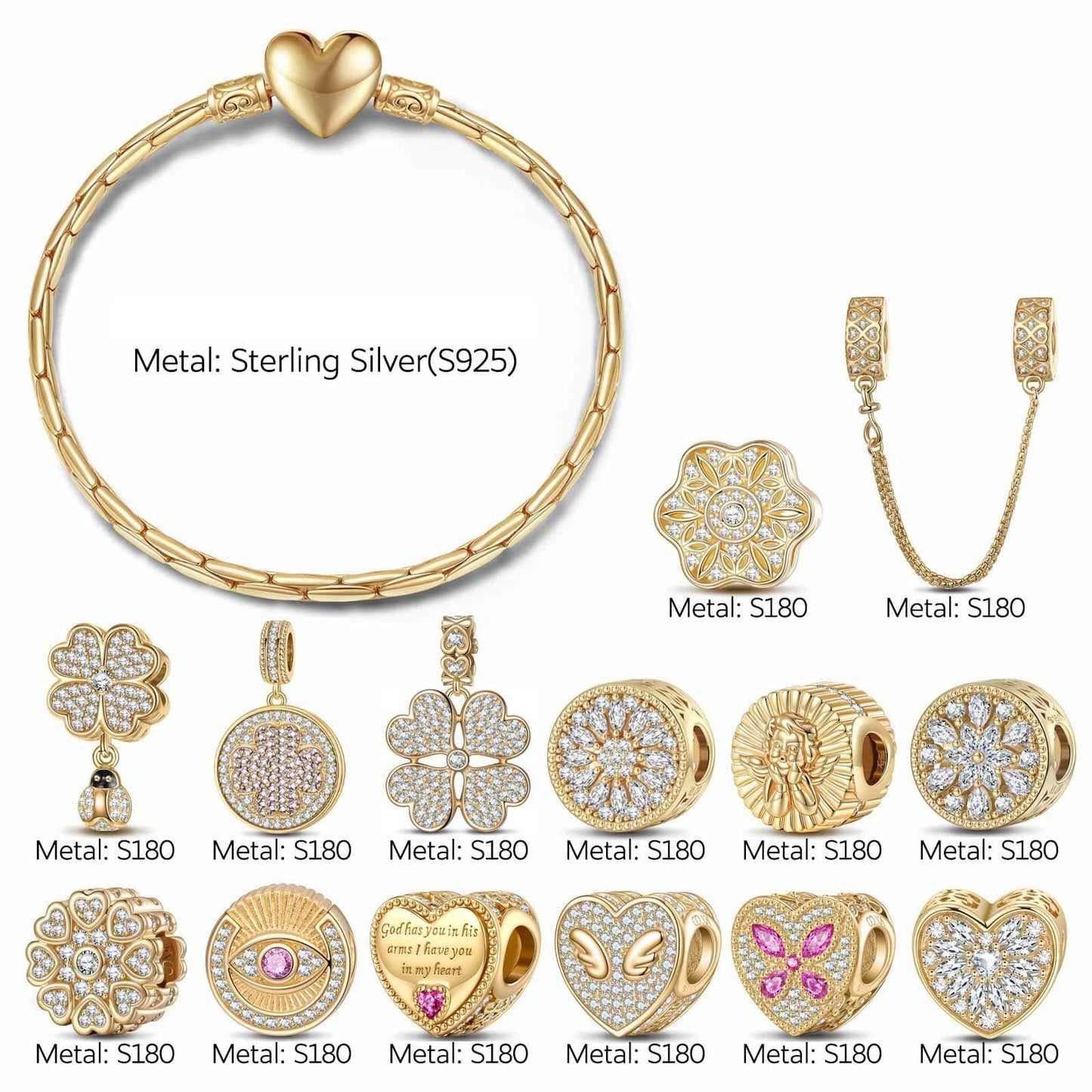 Sterling Silver Love's Glow Charms Bracelet Set With Enamel In 14K Gold Plated (Includes bracelet and all charms shown)