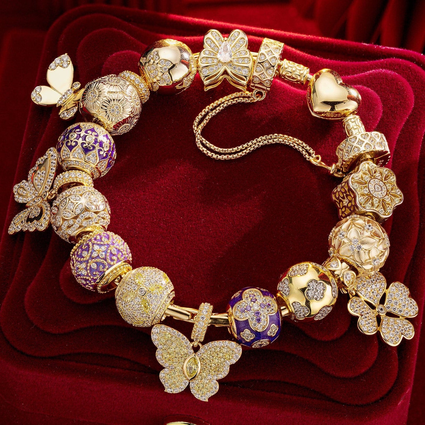 Shimmering Butterfly Sterling Silver Charms Bracelet Set With Enamel In 14K Gold Plated