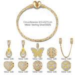 Sterling Silver Sparkling Butterfly Dance Charms Bracelet Set In 14K Gold Plated