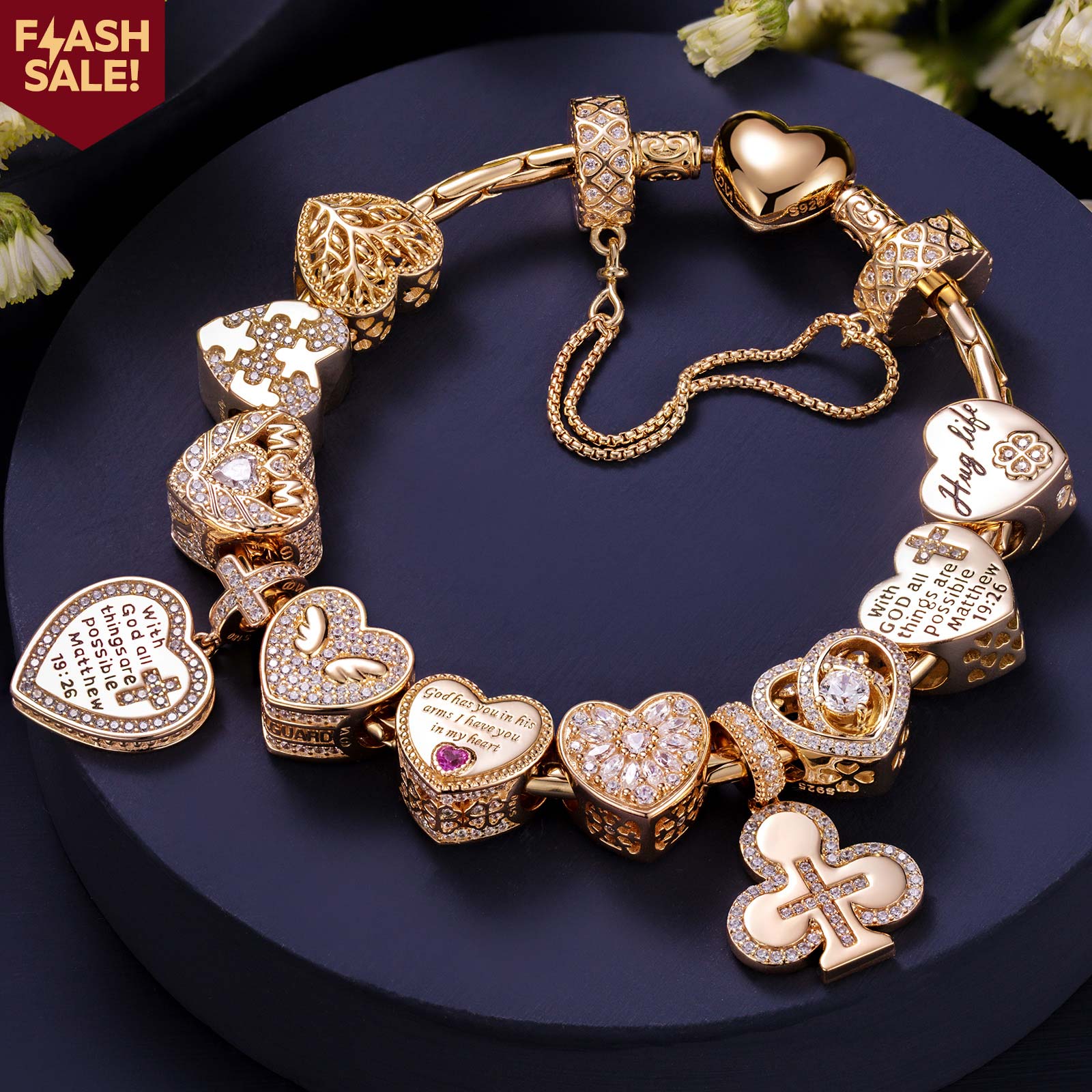 Sterling Silver Eternal Love and Guardian Charms Bracelet Set In 14K G