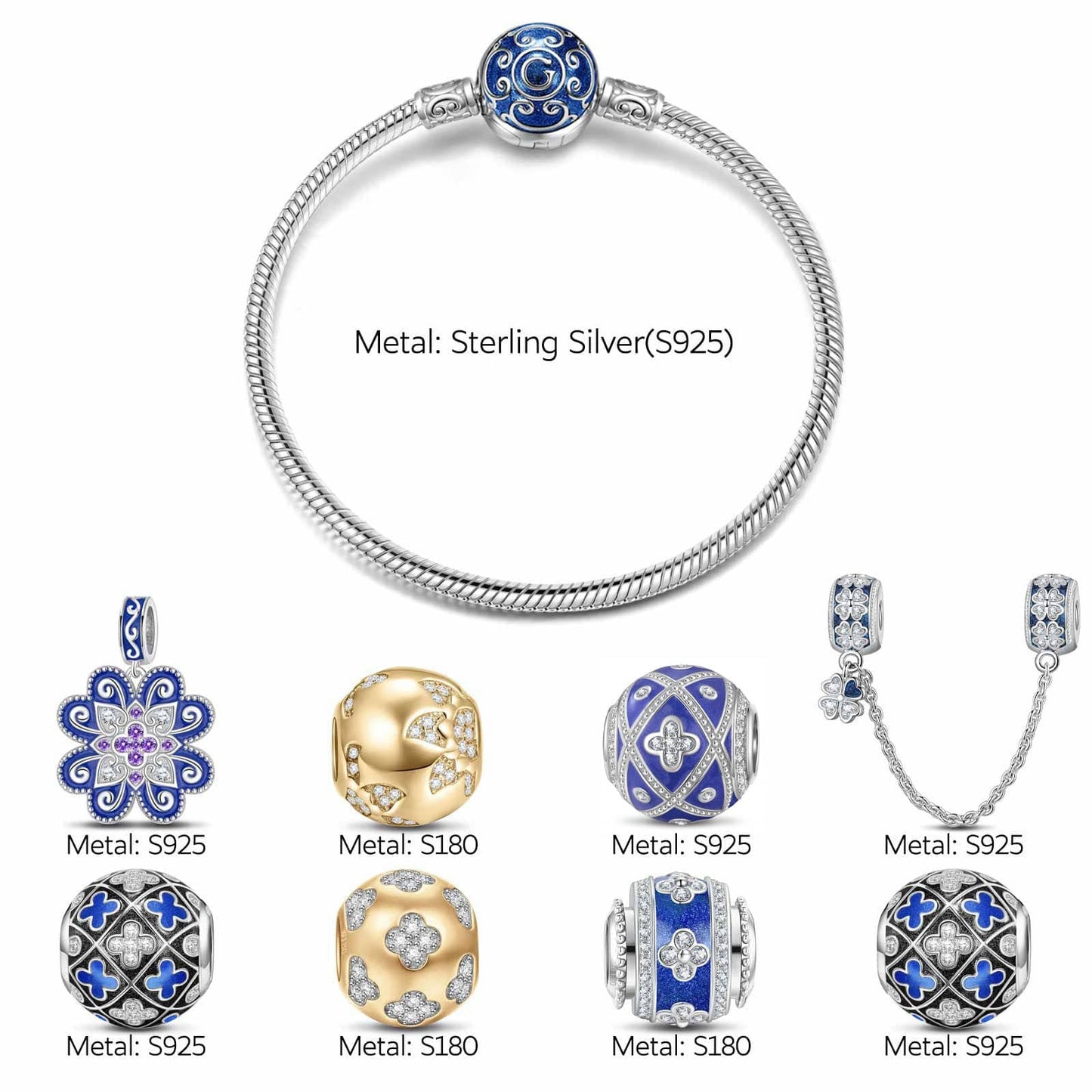 Sterling Silver Easter Deco Charms Bracelet Set With Enamel In, Featuring Dual Plating in White Gold and 14K Gold (Includes bracelet and all charms shown)