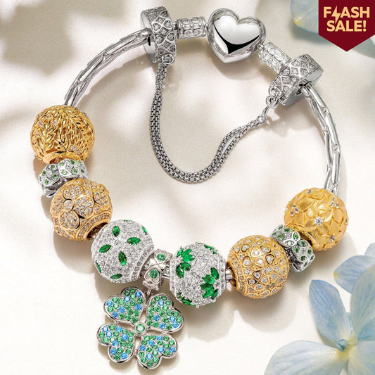gona- Sterling Silver Clover Cascade Charms Bracelet Set In White Gold Plated (Includes bracelet and all charms shown)