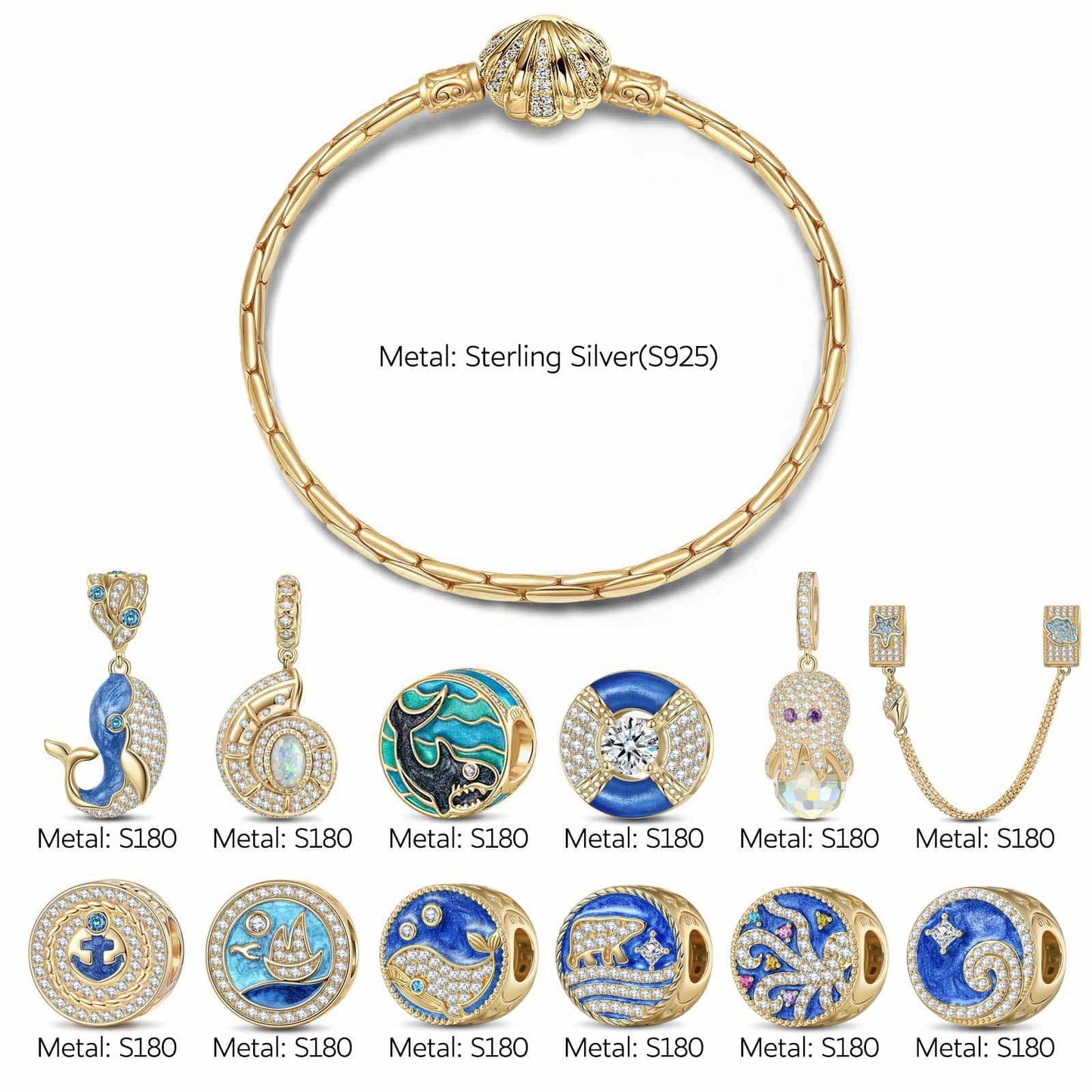 Sterling Silver Treasures of the Ocean Charms Bracelet Set With Enamel In 14K Gold Plated (Includes bracelet and all charms shown)