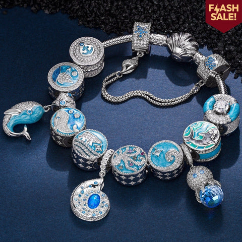Sterling Silver Treasures of the Ocean Charms Bracelet Set With Enamel In White Gold Plated (Includes bracelet and all charms shown)