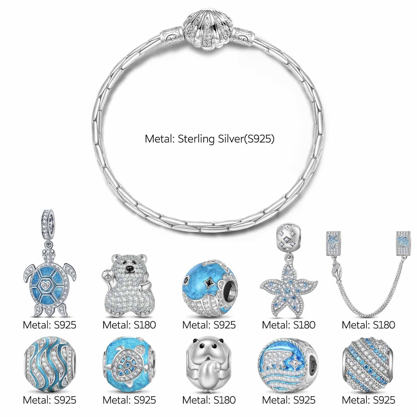 Sterling Silver Return to Nature's Bounty Charms Bracelet Set With Enamel In White Gold Plated (Includes bracelet and all charms shown)