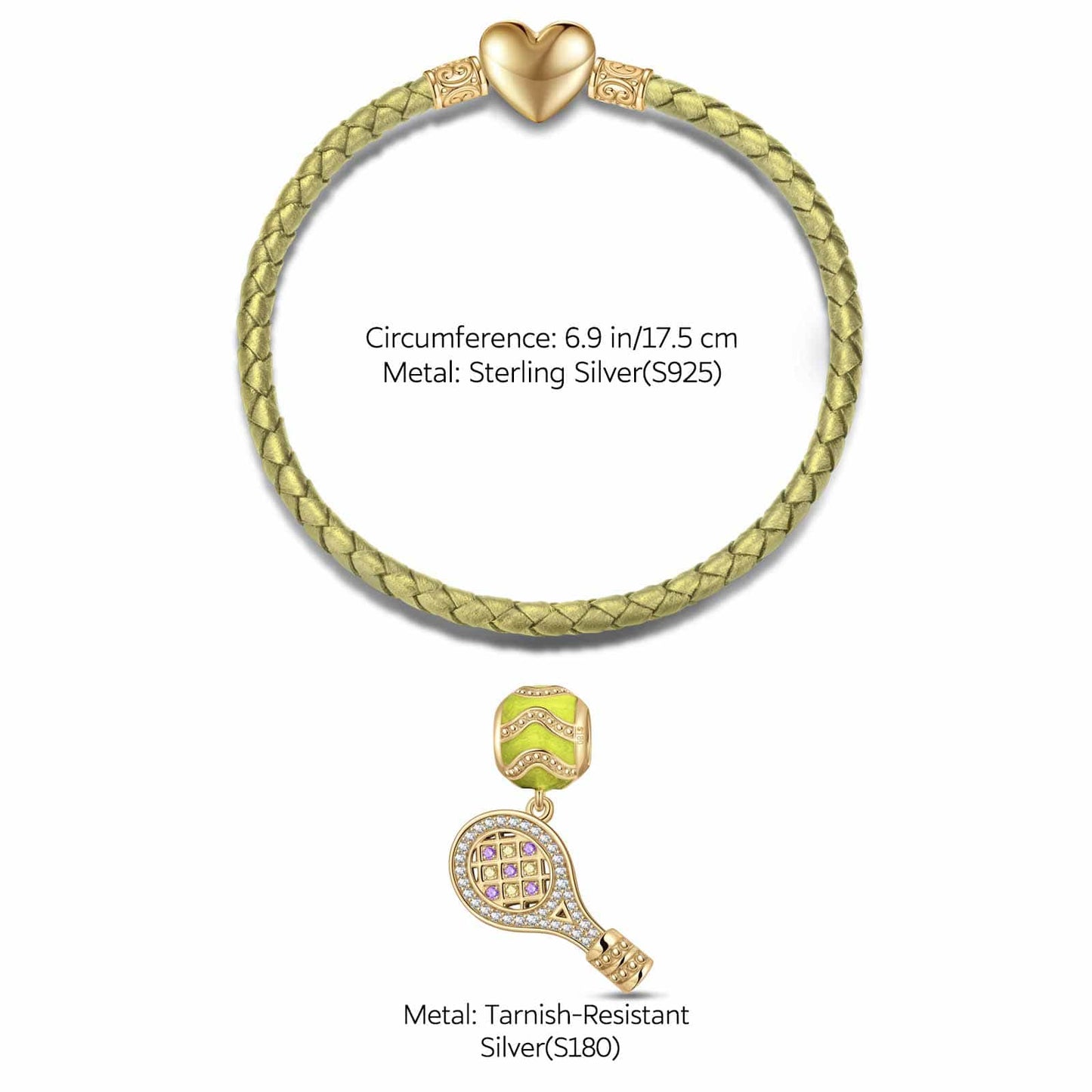 Sterling Silver Allure of Tennis Charms Bracelet Set With Enamel In 14K Gold Plated (Includes bracelet and all charms shown)