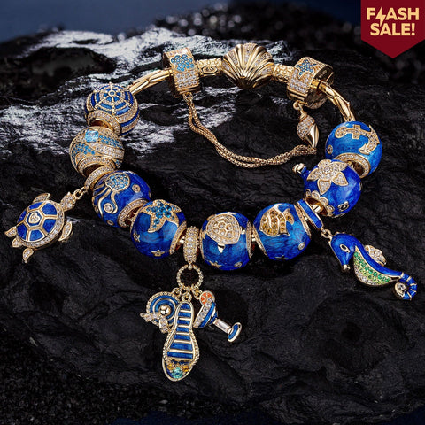 Sterling Silver Ocean Getaway Charms Bracelet Set With Enamel In 14K Gold Plated (Includes bracelet and all charms shown)