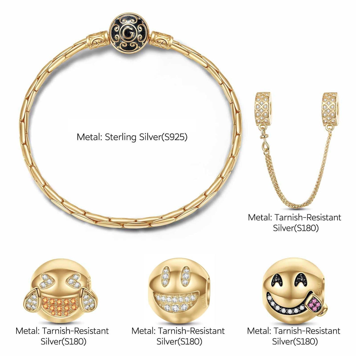 Sterling Silver Humorous Emojis Charms Bracelet Set With Enamel In 14K Gold Plated (Includes bracelet and all charms shown)