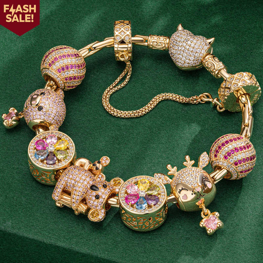 gona- Sterling Silver Fairytale Fores Charms Bracelet Set In 14K Gold Plated (Includes bracelet and all charms shown)