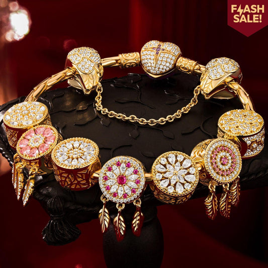 gona- Flash Sale: Sterling Silver Rosy Dreams Charms Bracelet Set In 14K Gold Plated (Includes bracelet and all charms shown)