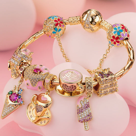 gona- Sterling Silver Blissful Treats Charms Bracelet Set With Enamel In 14K Gold Plated (Includes bracelet and all charms shown)