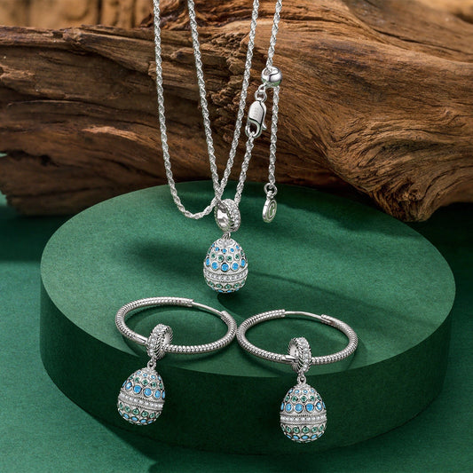 gona- Sterling Silver Adjustable Rope Chain Necklace With Slider Clasp Sapphire Serenade Charm Necklace and Earrings Set In White Gold Plated