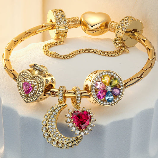 gona- Sterling Silver Bloom of Achievement Charms Bracelet Set In 14K Gold Plated (Includes bracelet and all charms shown)