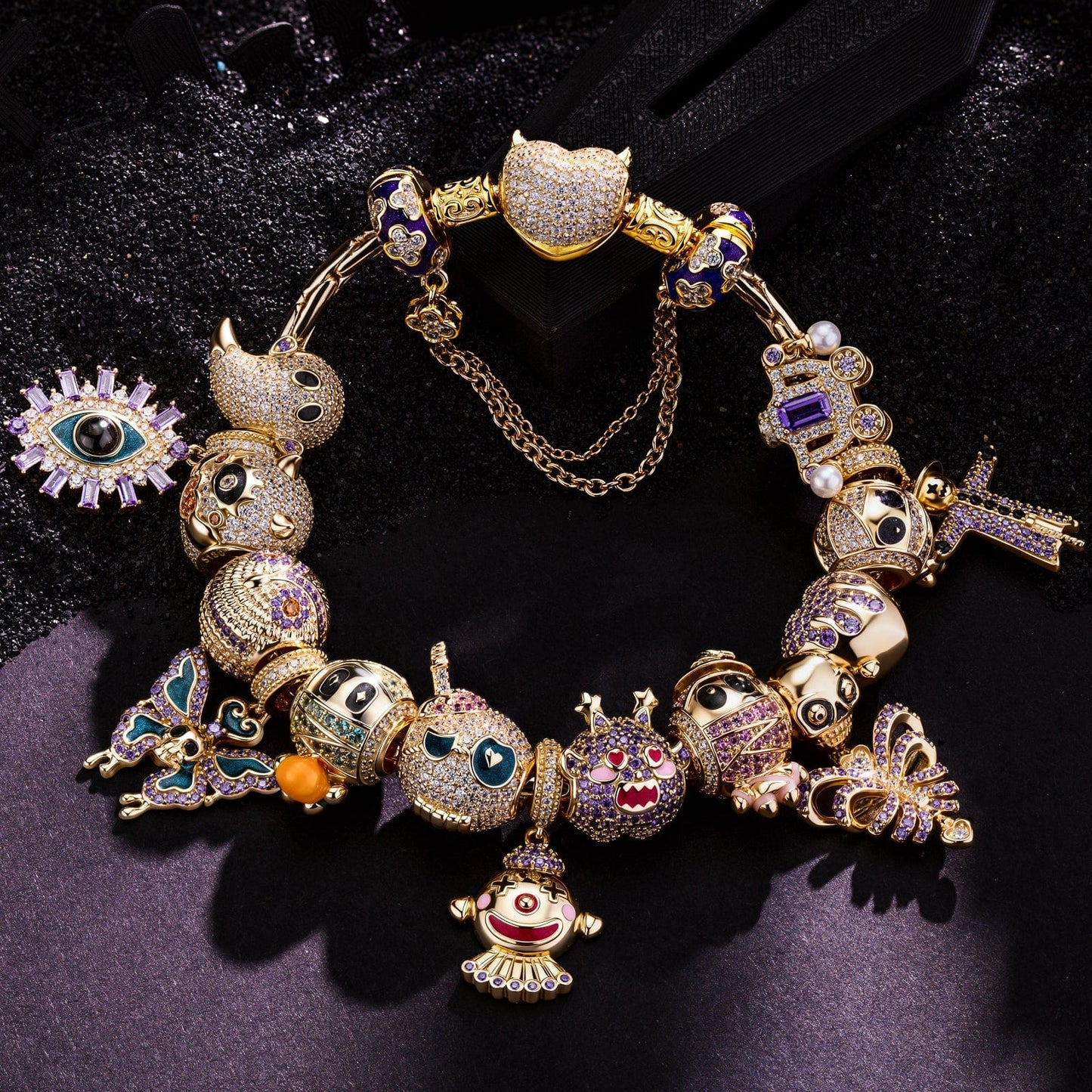 Sterling Silver Spooktacular Charms Bracelet Set With Enamel In 14K Gold Plated (Includes bracelet and all charms shown)