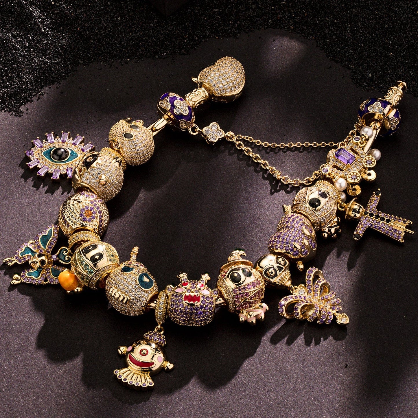 Sterling Silver Spooktacular Charms Bracelet Set With Enamel In 14K Gold Plated (Includes bracelet and all charms shown)