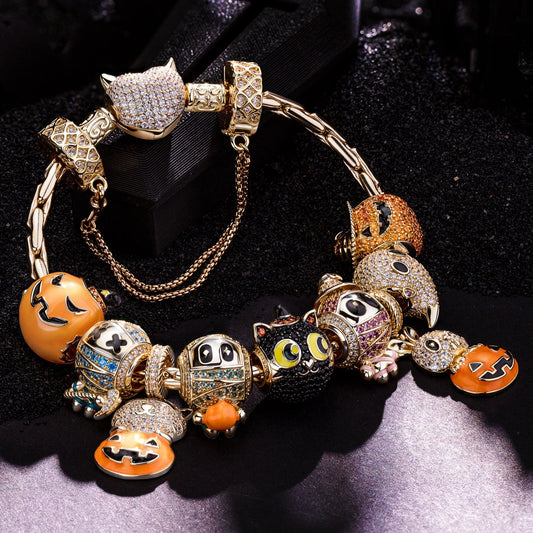 gona- Sterling Silver Whimsical Darkness Charms Bracelet Set With Enamel In 14K Gold Plated (Includes bracelet and all charms shown)