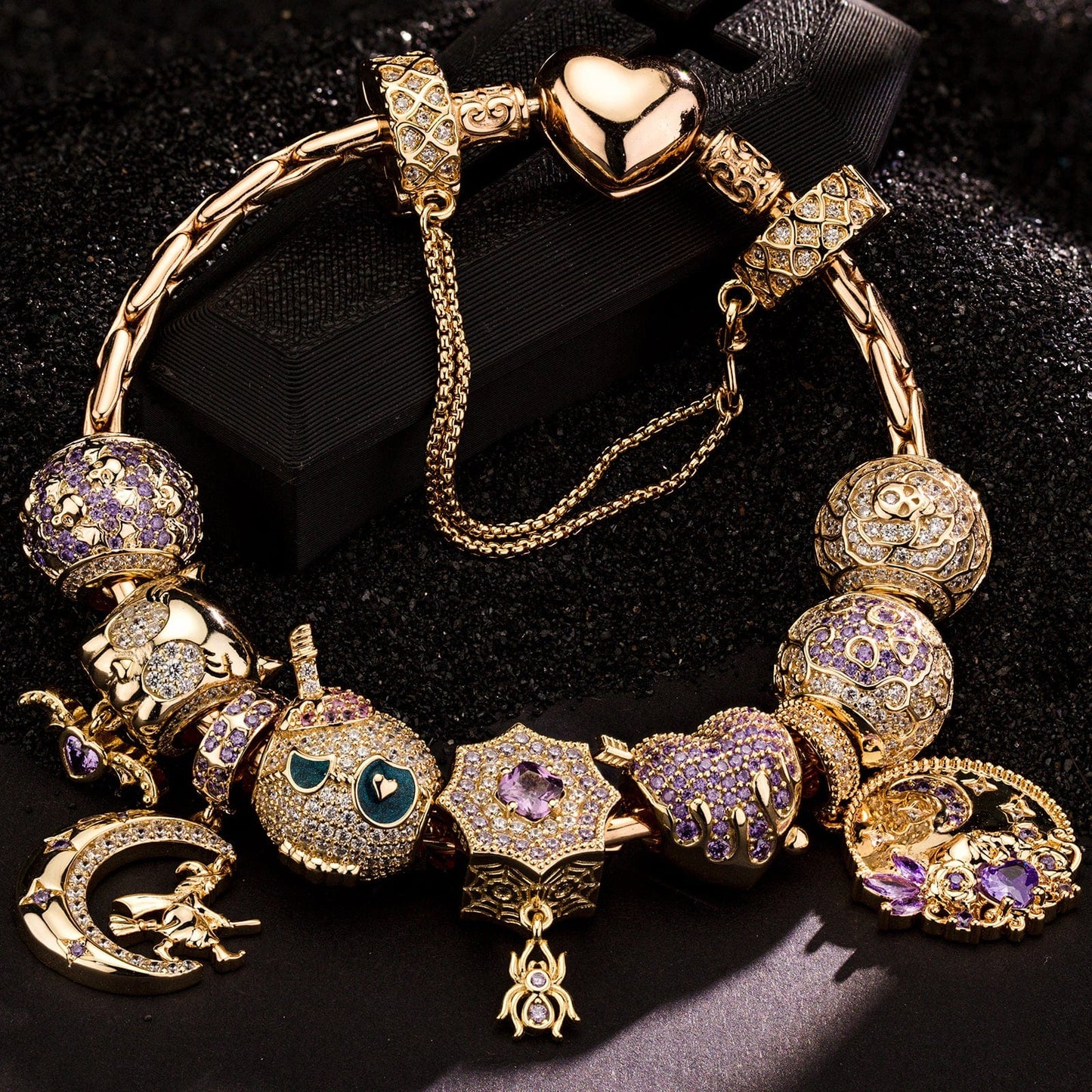 Sterling Silver Mystic Midnight Charms Bracelet Set With Enamel In 14K Gold Plated (Includes bracelet and all charms shown)
