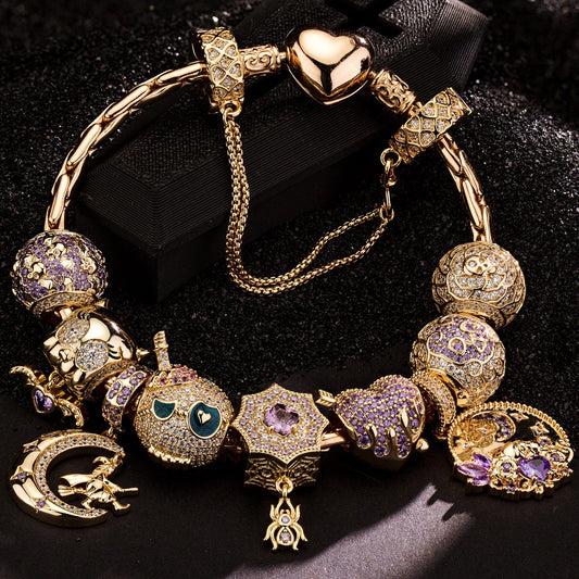 gona- Sterling Silver Mystic Midnight Charms Bracelet Set With Enamel In 14K Gold Plated (Includes bracelet and all charms shown)