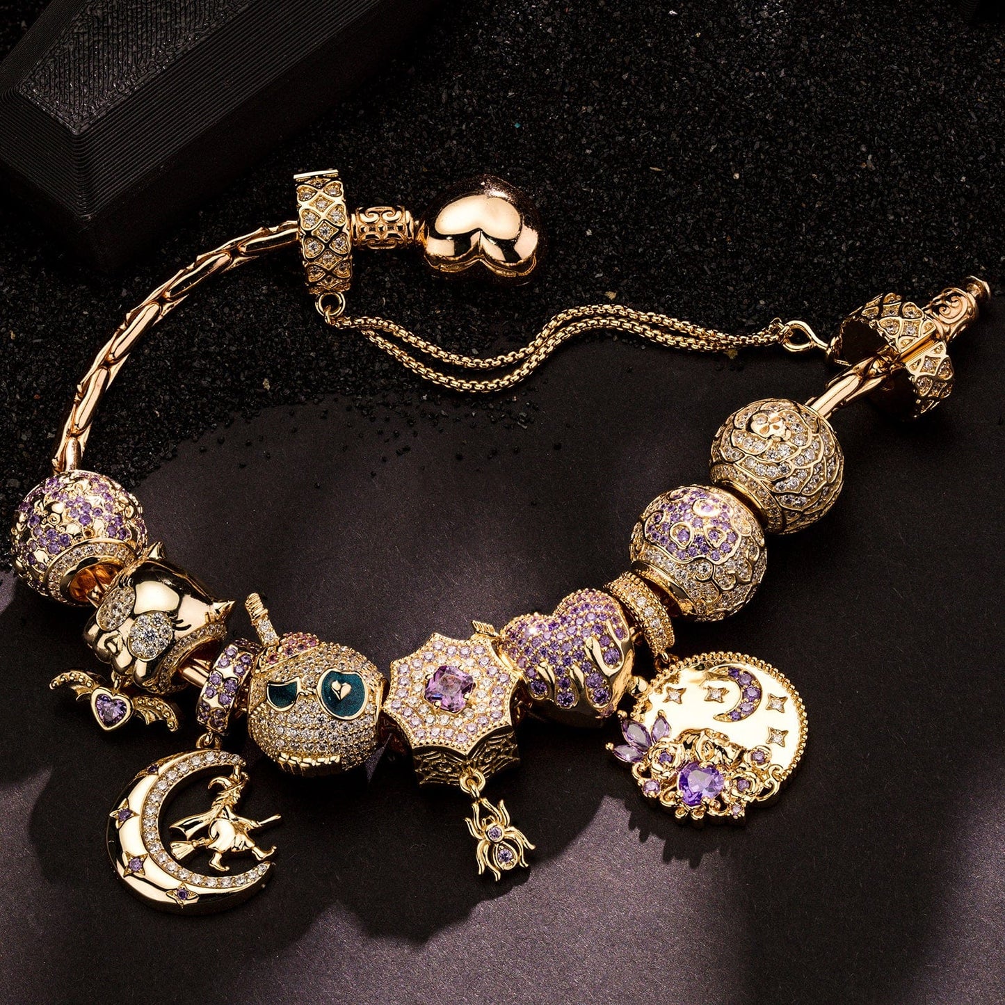 Sterling Silver Mystic Midnight Charms Bracelet Set With Enamel In 14K Gold Plated (Includes bracelet and all charms shown)