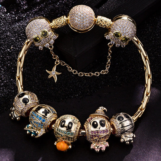 gona- Sterling Silver Mummy Mischief Charms Bracelet Set With Enamel In 14K Gold Plated (Includes bracelet and all charms shown)