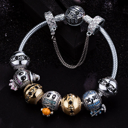 gona- Sterling Silver Macabre Mummies Charms Bracelet Set With Enamel In Two-Tone Plating (Includes bracelet and all charms shown)