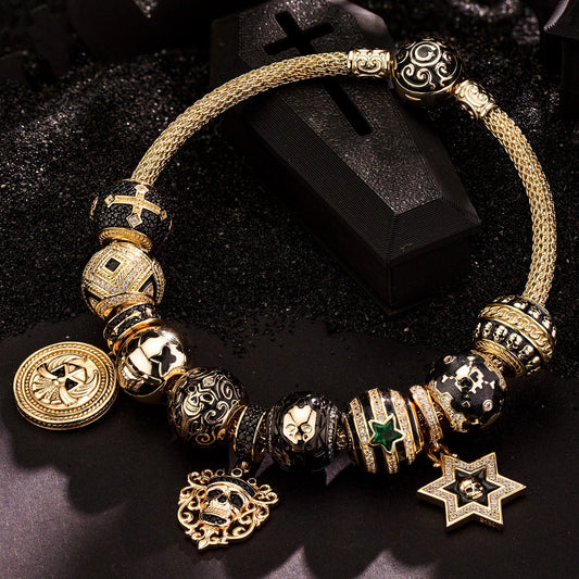 gona- Sterling Silver Men's Nightfall Warrior Charms Bracelet Set With Enamel In 14K Gold Plated (Includes bracelet and all charms shown)