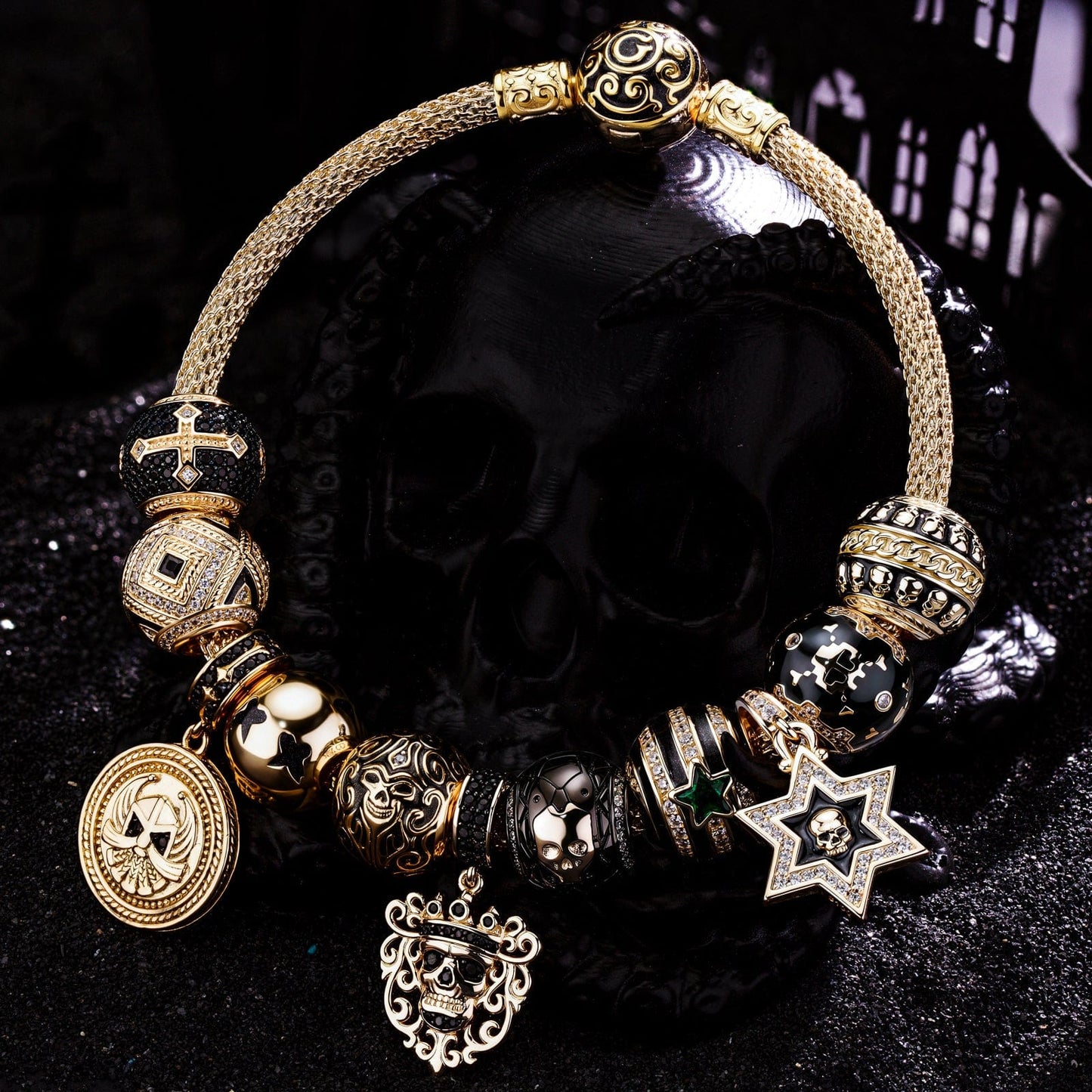 Sterling Silver Men's Nightfall Warrior Charms Bracelet Set With Enamel In 14K Gold Plated (Includes bracelet and all charms shown)