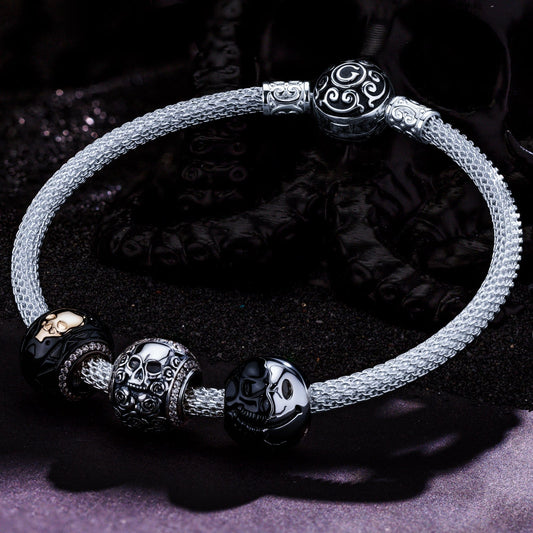 gona- Sterling Silver Men's Shadow Hunter Western Charms Bracelet Set With Enamel In White Gold Plated (Includes bracelet and all charms shown)