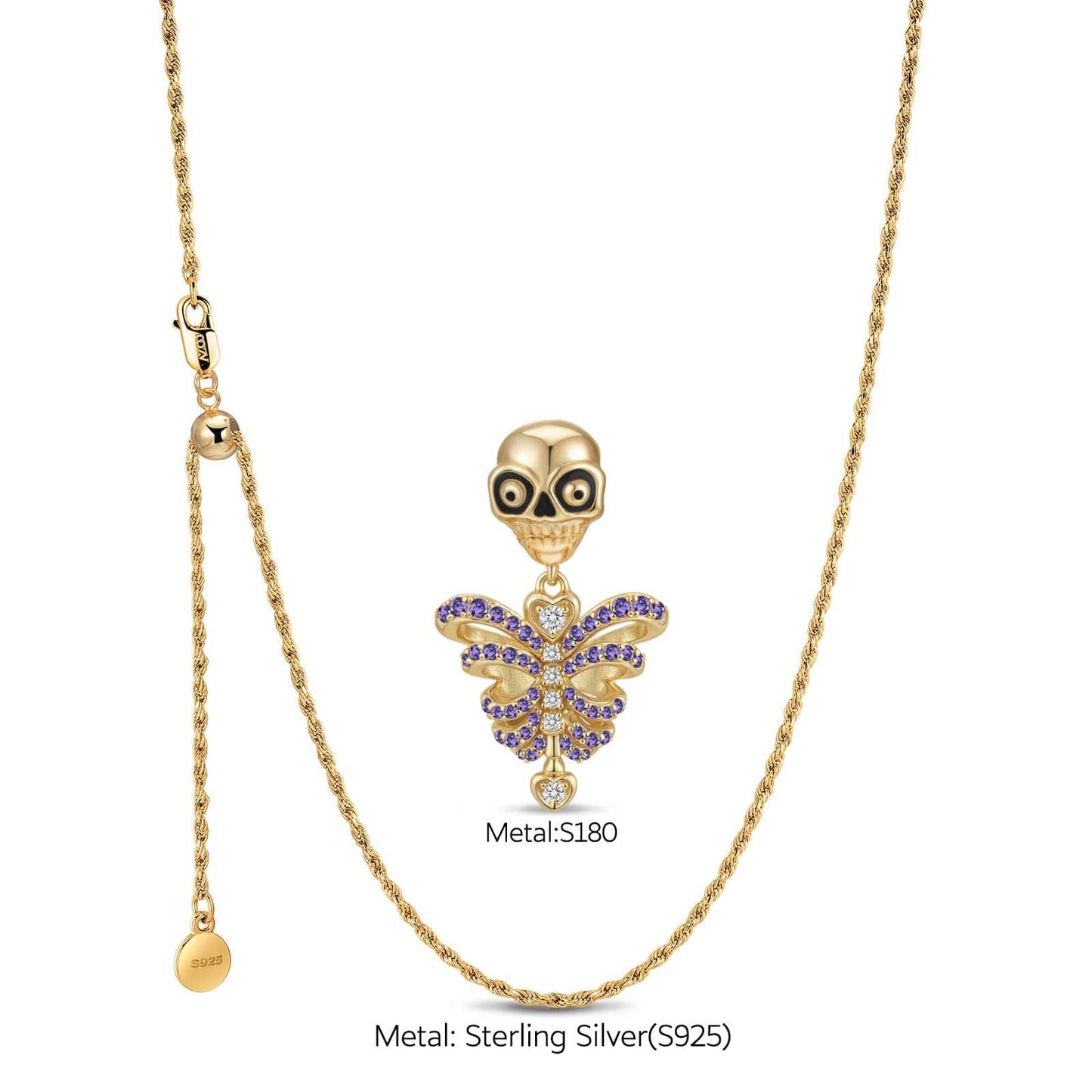 Sterling Silver Bone Heart Charms Necklace Set With Enamel In 14K Gold Plated