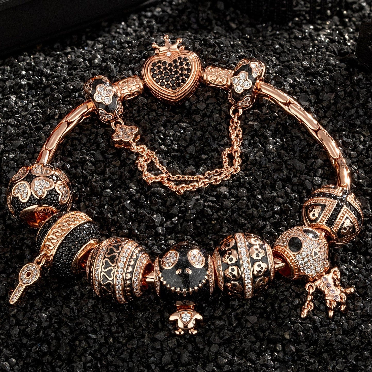Sterling Silver Crimson Skull Charms Bracelet Set With Enamel In Rose Gold Plated (Includes bracelet and all charms shown)