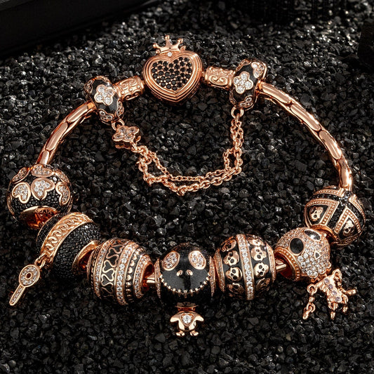 gona- Sterling Silver Crimson Skull Charms Bracelet Set With Enamel In Rose Gold Plated (Includes bracelet and all charms shown)